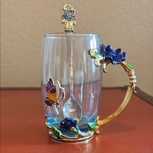 Elegant Glass Mug with Butterfly and Rose Accents